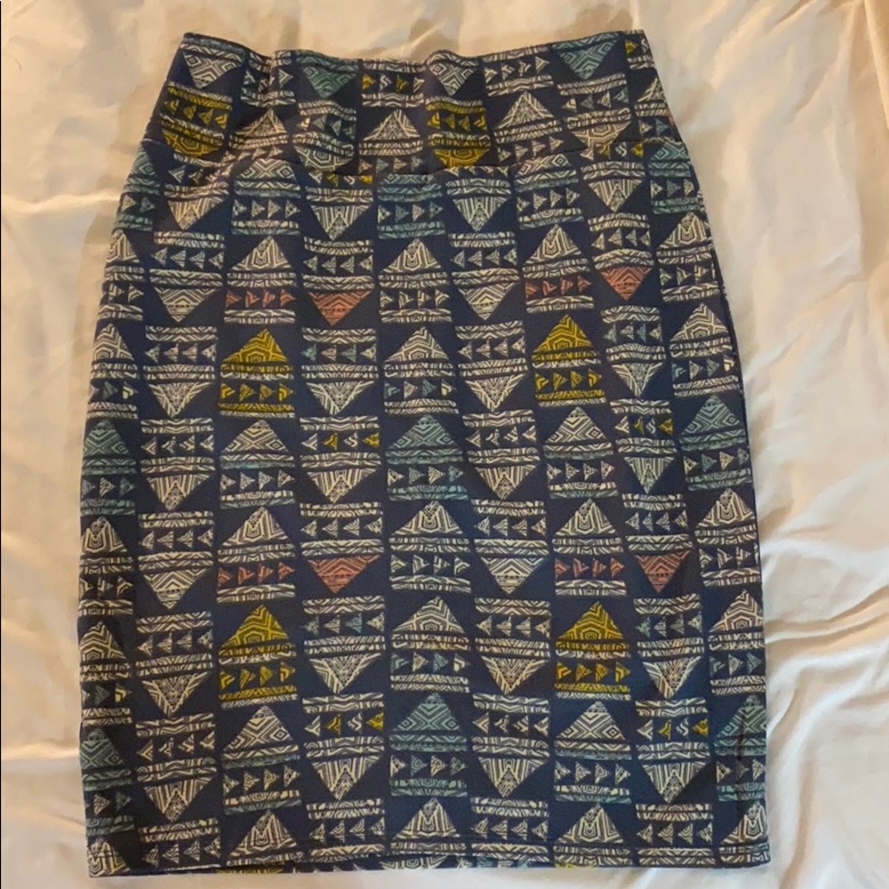 LuLaRoe Navy Aztec Print Mini Skirt with Yellow, Teal, Pink Accents